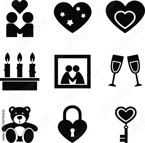 Romantic Love Icons Hearts, Couples, Candles, Gifts, and Keys photo