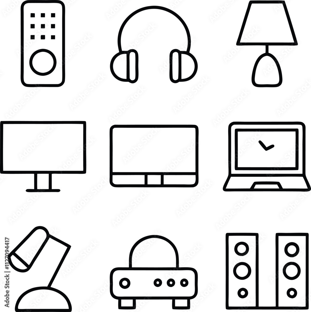 Electronics Icons Remote, Headphones, Lamp, TV, Computer, Speakers Electronics Icons Remote, Headphones, Lamp, TV, Computer, Speakers