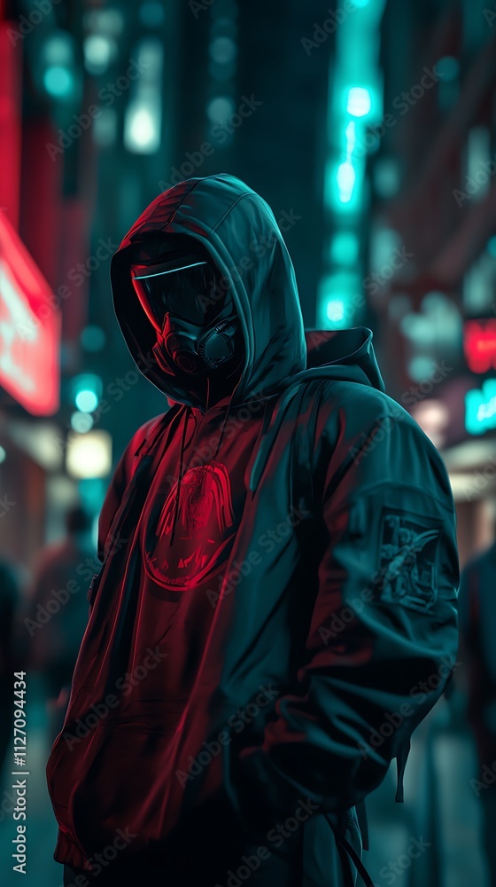 A figure in a dark hoodie and mask stands in a neon-lit urban environment. A figure in a dark hoodie and mask stands in a neon-lit urban environment.