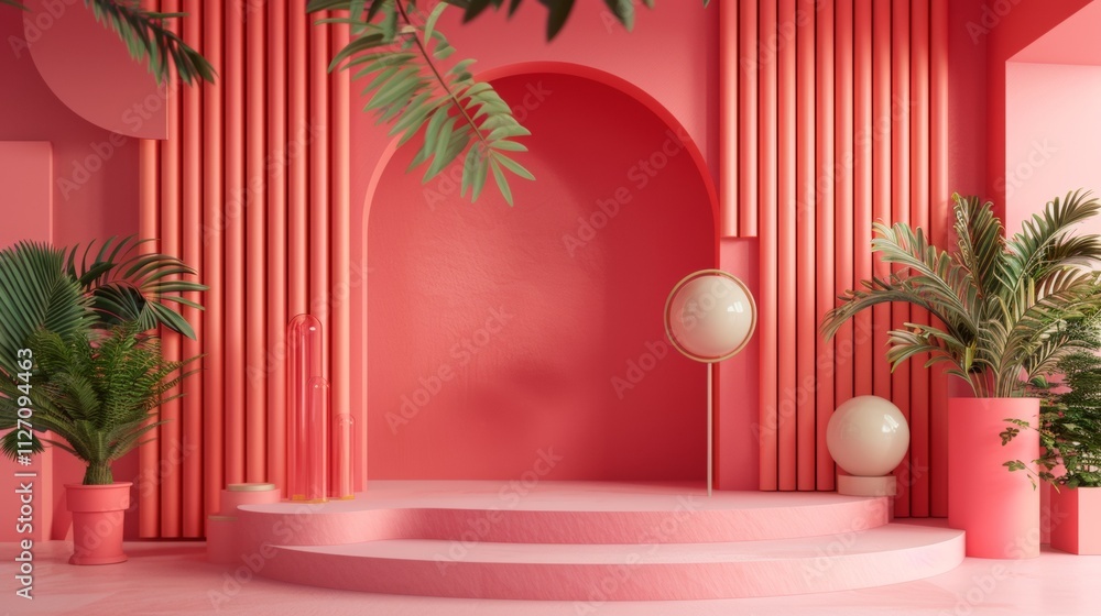 Modern pink room with tropical plants and geometric decor Modern pink room with tropical plants and geometric decor
