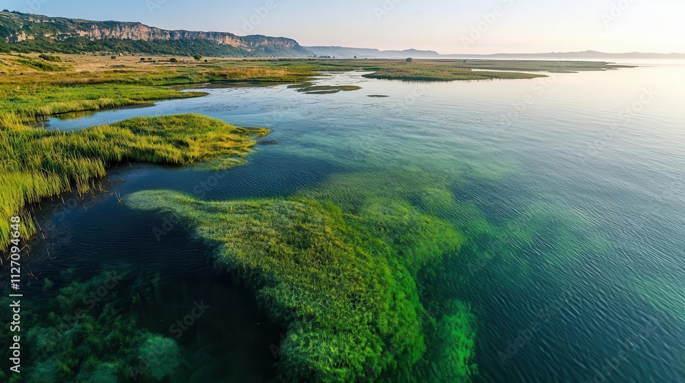 Drone shot of wetlands at sunrise, with mist rising to symbolize water cycle processes Drone shot of wetlands at sunrise, with mist rising to symbolize water cycle processes