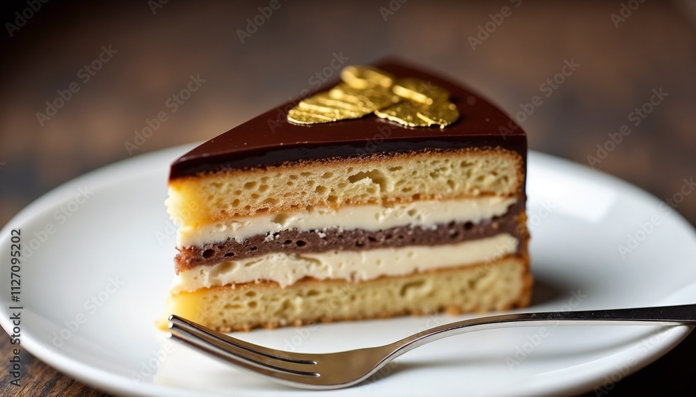Gourmet layered cake slice with chocolate glaze and gold leaf Gourmet layered cake slice with chocolate glaze and gold leaf