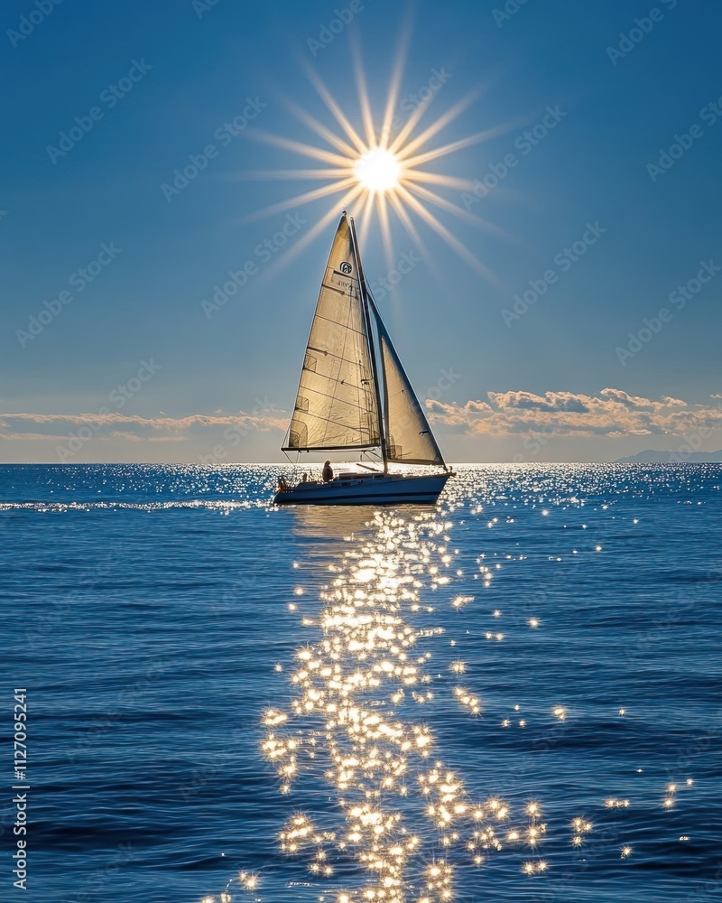 Obraz premium A sailboat glides across sparkling water under a sunburst, creating a serene seascape.