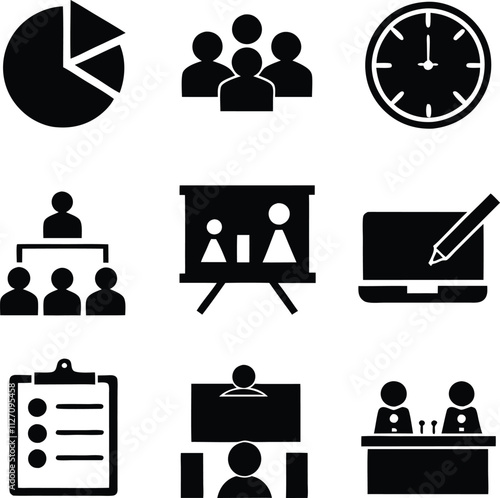 Business Meeting Icons Planning, Presentation, Team, and Time Management