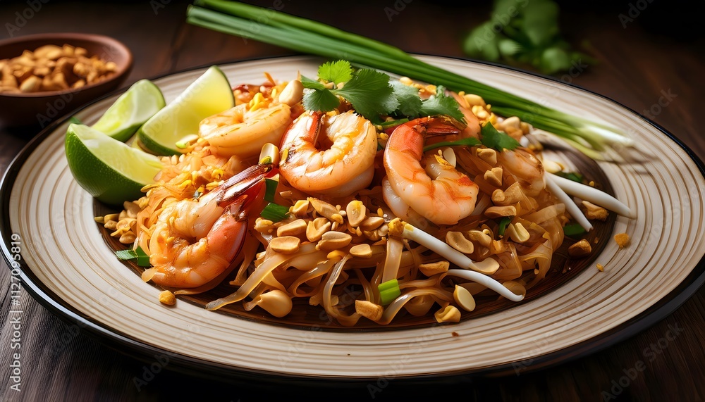 A plate of pad Thai with stir-fried rice noodles, shrimp, crushed peanuts, bean sprouts, lime wedges, and a sprinkling of cilantro A plate of pad Thai with stir-fried rice noodles, shrimp, crushed peanuts, bean sprouts, lime wedges, and a sprinkling of cilantro