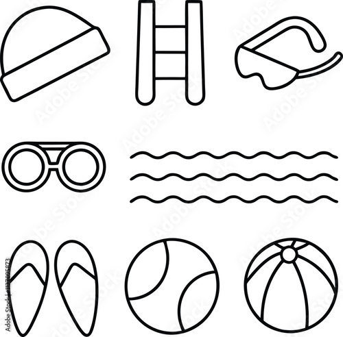 Summer Fun Pool Icons, Beach Ball, Swim Gear, and More