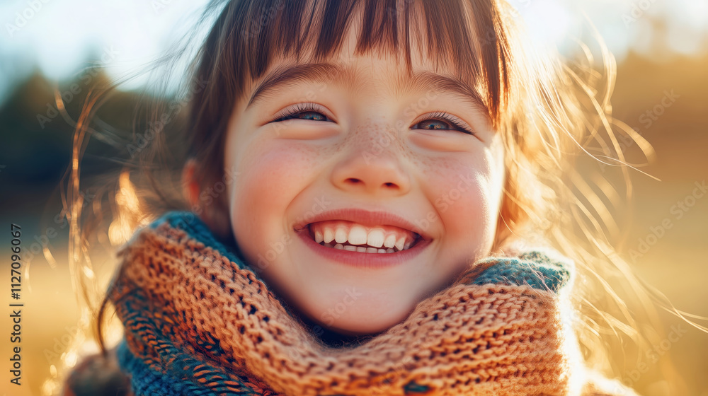 Joyful girl smiling warmly in the golden sunlight Joyful girl smiling warmly in the golden sunlight