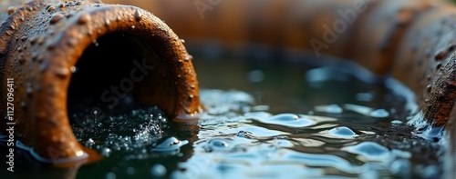 Water trickles from a rustic pipe, creating mesmerizing ripples and droplets on the dark, still surface. A captivating close-up. photo