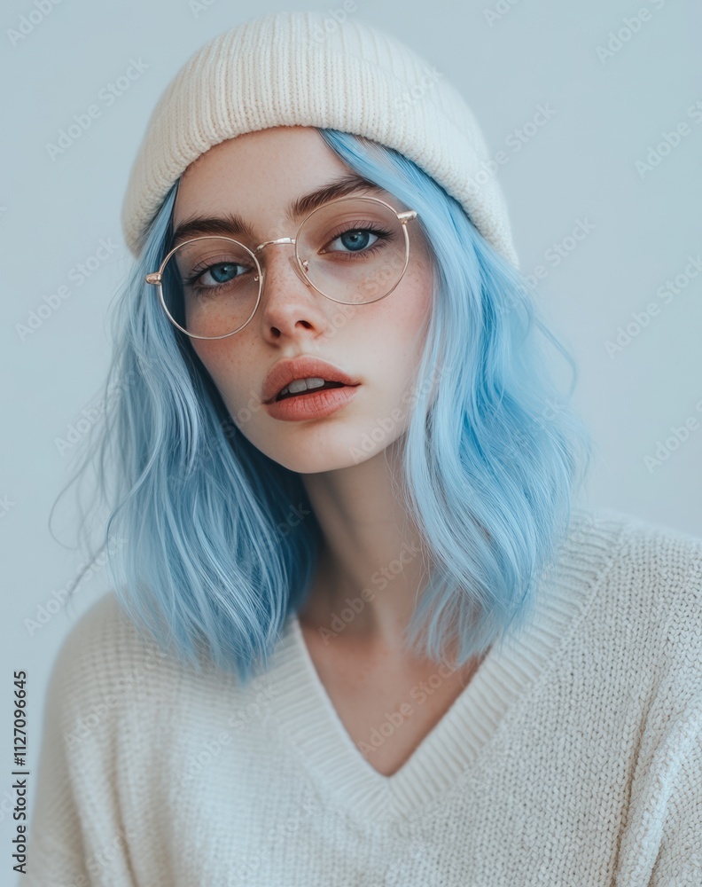 A serene woman with pastel blue hair, wearing round silver glasses and a cozy cream knit sweater. Her soft, freckled features and a white beanie evoke a minimalist, Nordic aesthetic. A serene woman with pastel blue hair, wearing round silver glasses and a cozy cream knit sweater. Her soft, freckled features and a white beanie evoke a minimalist, Nordic aesthetic.
