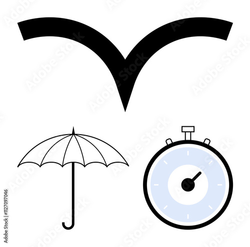 Umbrella stopwatch and check mark in distinct styles. Ideal for concepts of protection, time management, completion, planning, weather, urgency, security. Line metaphor