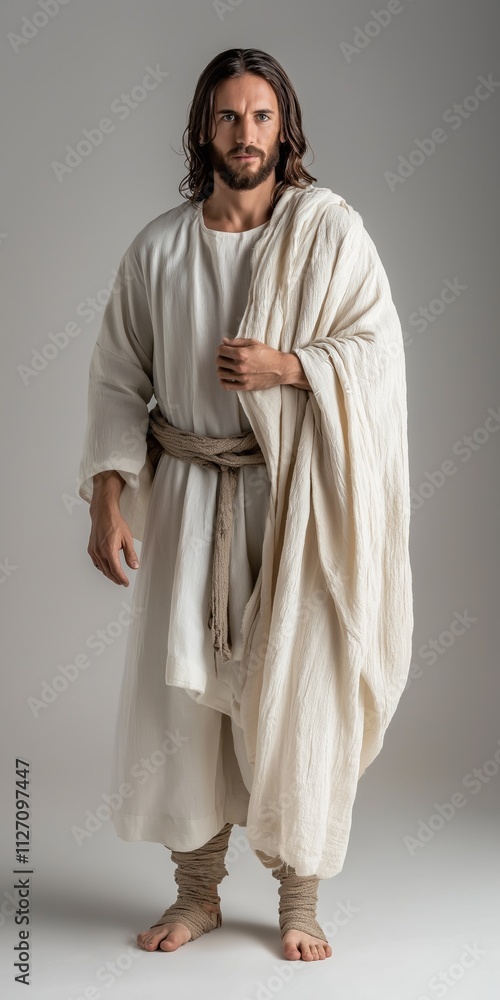 A man dressed in a white robe and holding a white blanket. The man is wearing a belt and has long hair A man dressed in a white robe and holding a white blanket. The man is wearing a belt and has long hair