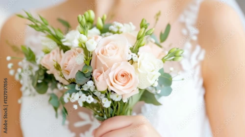 bride in white dress holding a bouquet of white and green flowers bride in white dress holding a bouquet of white and green flowers