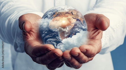 Global Responsibility: A pair of hands gently cradles a miniature Earth, symbolizing the delicate balance of our planet and the importance of environmental stewardship.   photo