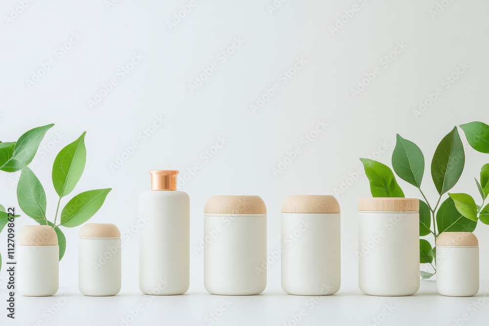Natural Wellness and Sustainability - Eco-Friendly Skincare Bottles Displayed with Green Leaves on White Background Natural Wellness and Sustainability - Eco-Friendly Skincare Bottles Displayed with Green Leaves on White Background