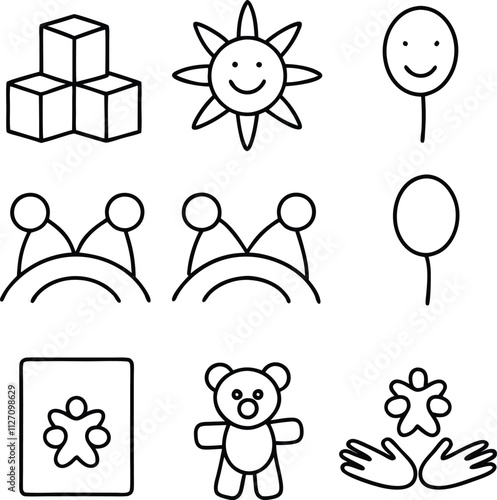 Playful Childhood Icons Blocks, Sun, Balloons, Toys, and Joy