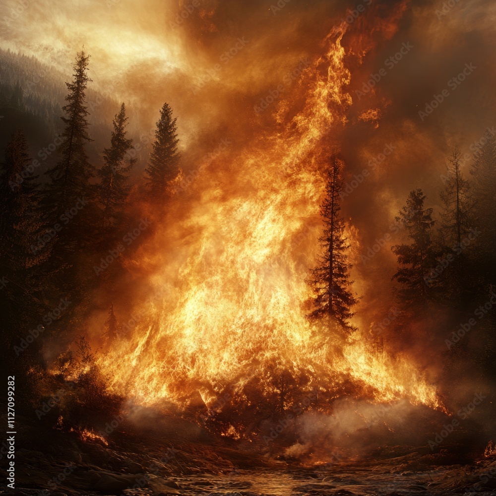 Fototapeta premium Majestic Wildfire Burning in Forest with Dramatic Sky Effects