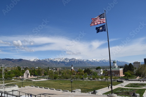 The Utah State Council Hall in Salt Lake City with mountains in the background