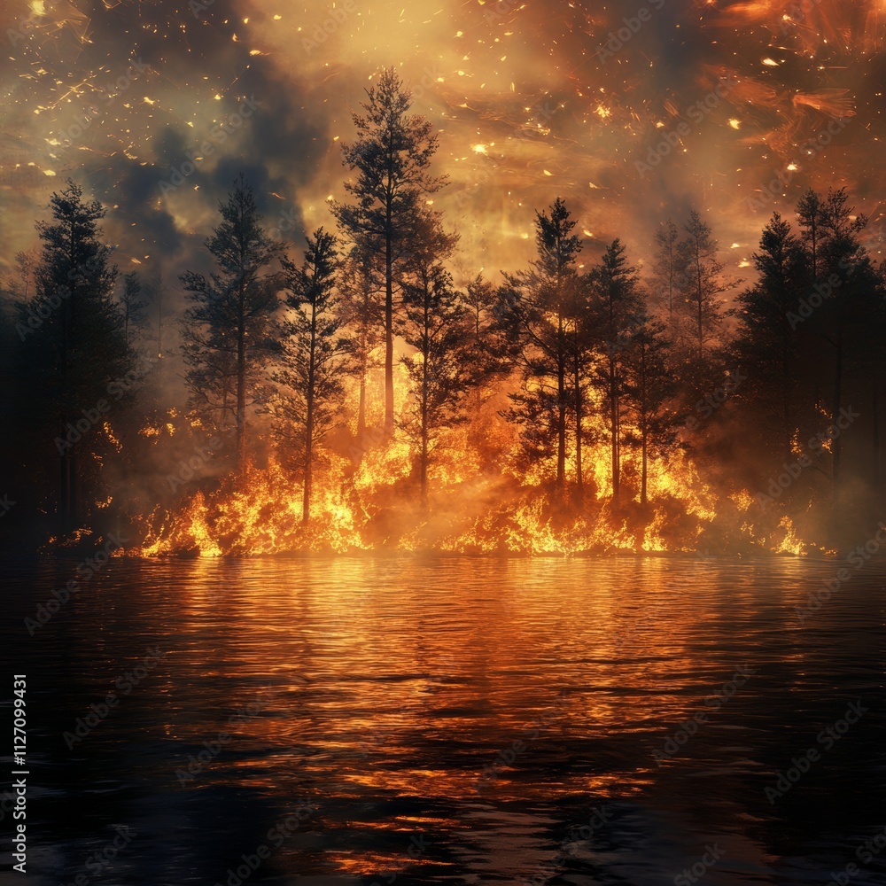 Captivating Wildfire Scene with Lush Forest and Fiery Flames Captivating Wildfire Scene with Lush Forest and Fiery Flames