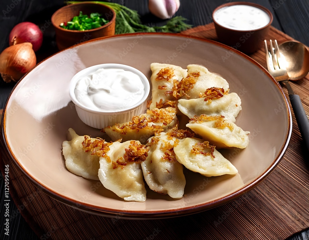 A plate of Ukrainian dumplings 'varenyky' filled with potato and cheese, served with fried onions and sour cream A plate of Ukrainian dumplings 'varenyky' filled with potato and cheese, served with fried onions and sour cream