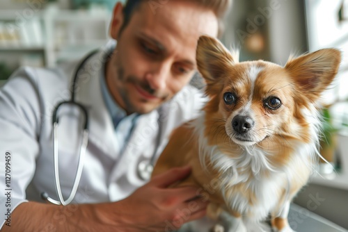 A veterinarian gently examines a small dog in a bright, welcoming clinic environment. photo