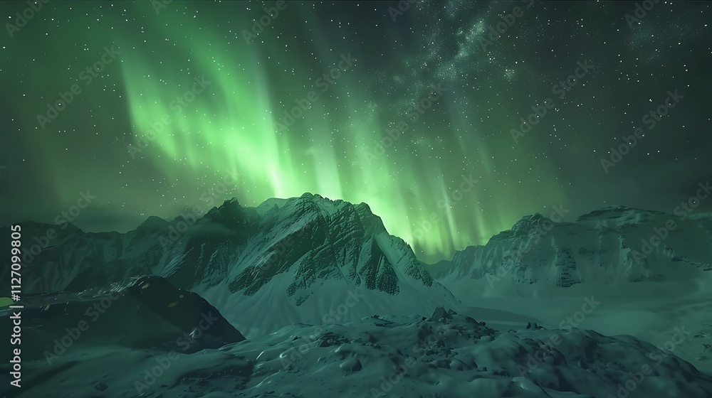 A vivid display of Northern Lights in the night sky above snowy mountains. A vivid display of Northern Lights in the night sky above snowy mountains.