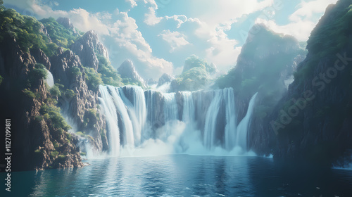 3d waterfall, glittering cascade scenery background wallpaper. Cascade. Illustration