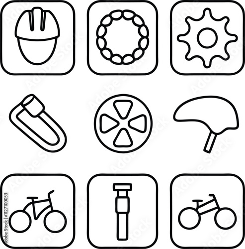 Cycling Gear Icons Helmet, Chain, Cog, Pump, Bike Parts