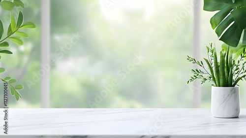 Serene Green Plants on Marble Table Background Illustration