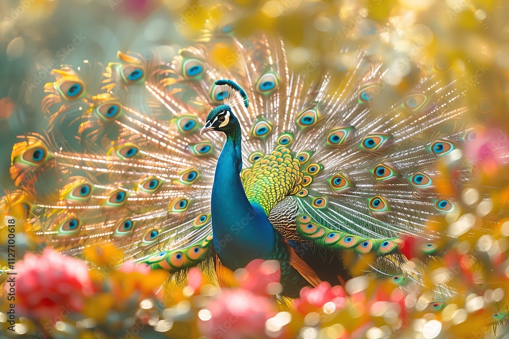 Obraz premium A vibrant peacock displaying its dazzling plumage among lush floral surroundings.
