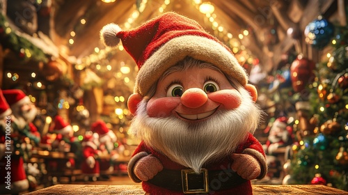 A gnome in a red cap dances with other elves on the table in Santa's workshop. 