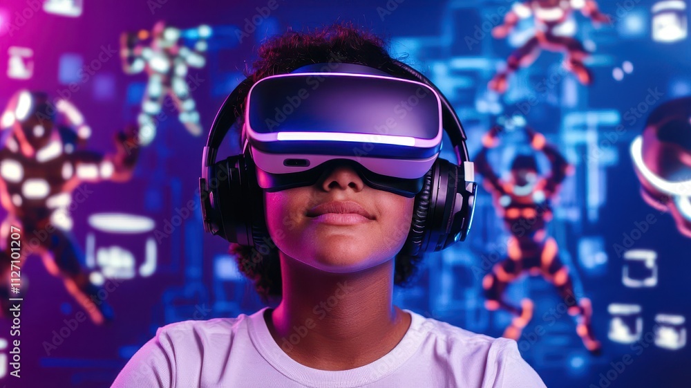 A young gamer with futuristic headphones and a VR headset on, surrounded by holographic game characters and floating digital icons. A young gamer with futuristic headphones and a VR headset on, surrounded by holographic game characters and floating digital icons.