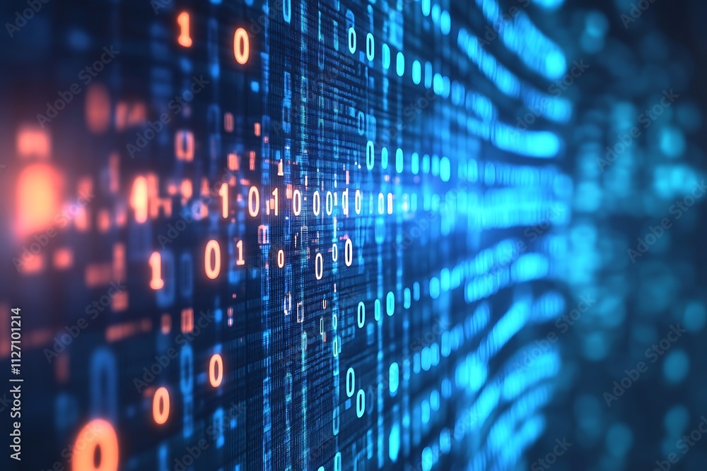 Abstract digital data stream with binary code in blue and orange hues. Abstract digital data stream with binary code in blue and orange hues.