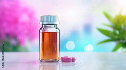 A clear glass bottle filled with brown liquid, accompanied by pink capsules on a bright, blurred background.