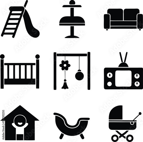 Baby Room Icons Crib, Playpen, Slide, Sofa, TV, Pram