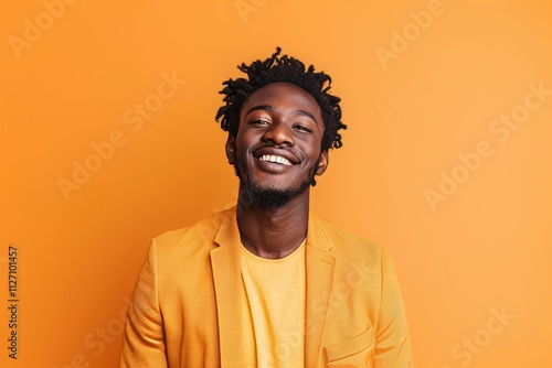 Portrait of a satisfied afro-american man in his 20s dressed in a stylish blazer isolated on soft orange background