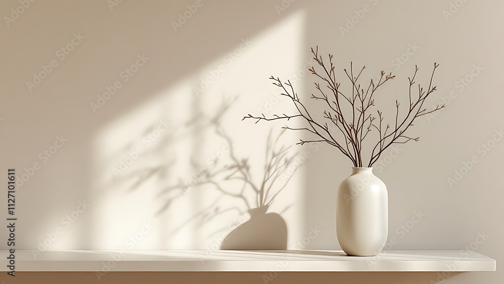 Minimalist interior design, white vases with bare branches, soft sunlight casting shadows, beige background, neutral tones, zen aesthetic, clean lines, peaceful atmosphere, shadow play, simple eleganc Minimalist interior design, white vases with bare branches, soft sunlight casting shadows, beige background, neutral tones, zen aesthetic, clean lines, peaceful atmosphere, shadow play, simple eleganc
