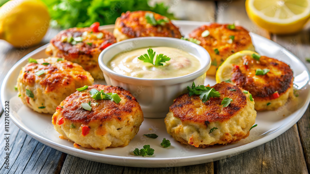 Delicious crab cakes served on a platter with lemon slices and dipping sauce Delicious crab cakes served on a platter with lemon slices and dipping sauce