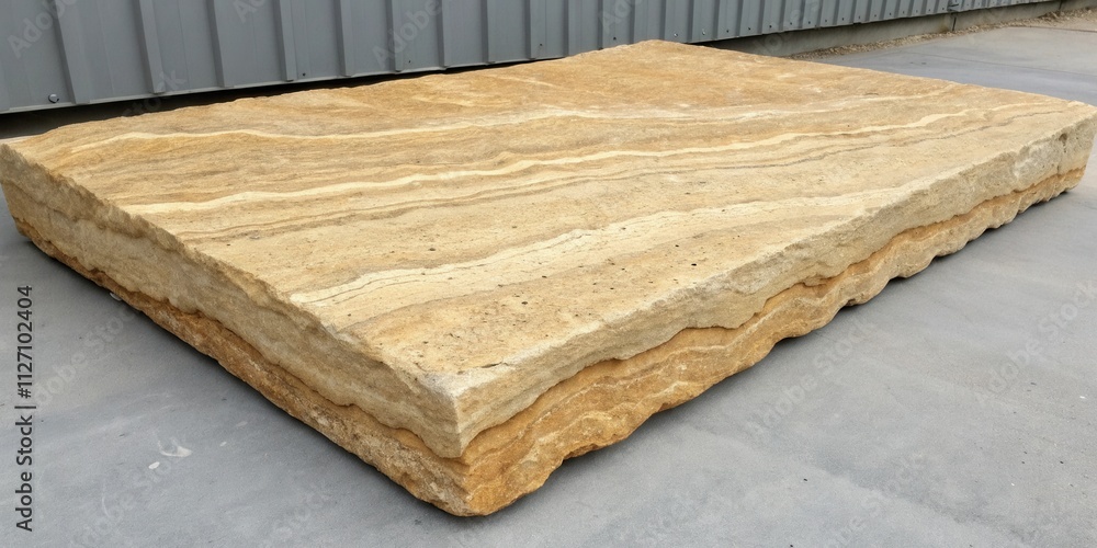 A large, rectangular slab of layered, tan sandstone with visible striations and a rough texture resting on a gray concrete surface A large, rectangular slab of layered, tan sandstone with visible striations and a rough texture resting on a gray concrete surface