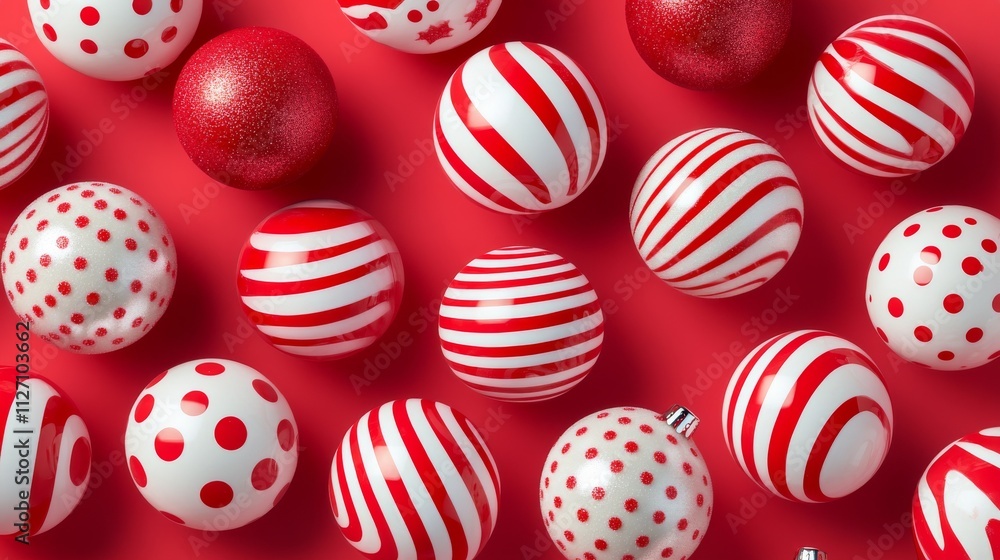 White and red glittering Christmas ornaments ball with featuring stripes and dot or circle isolated on white background with clipping path. Design element. White and red glittering Christmas ornaments ball with featuring stripes and dot or circle isolated on white background with clipping path. Design element.