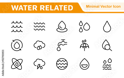 Water Related Icon Set. A refreshing collection of icons showcasing water conservation, aquatic life, and hydration, perfect for water awareness and sustainability.