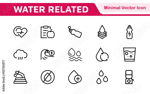 Water Related Icon Set. A refreshing collection of icons showcasing water conservation, aquatic life, and hydration, perfect for water awareness and sustainability.