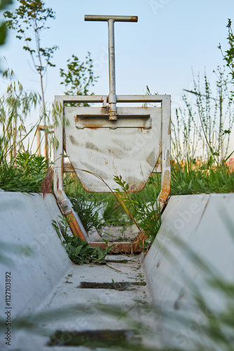 Metal valve for shutting off water supply. Drained Irrigation ditch, aryk in city park, a hydraulic structure in form of small concrete irrigation canal for urban vegetation in Bishkek, Kyrgyzstan photo