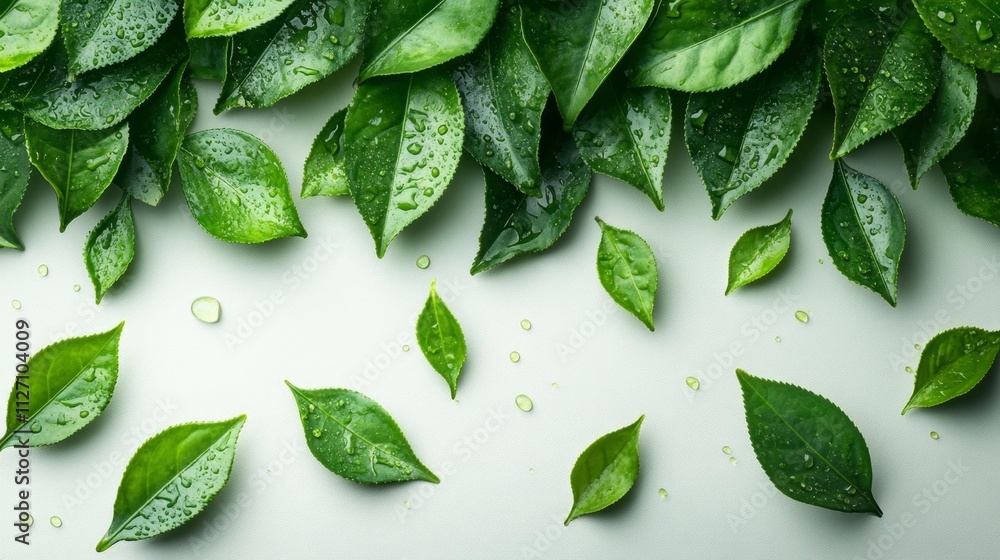 Obraz premium Green Tea Leaves Flying on White Background. Generative AI