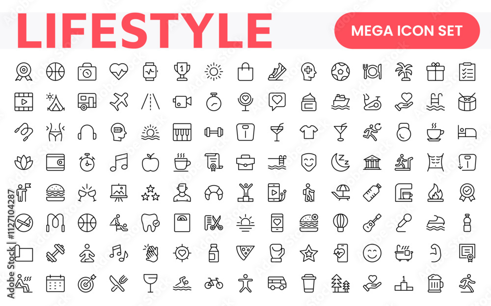 Lifestyle Icon Set. A chic and versatile collection of icons representing wellness, hobbies, daily living, lifestyle, and personal growth. Lifestyle Icon Set. A chic and versatile collection of icons representing wellness, hobbies, daily living, lifestyle, and personal growth.