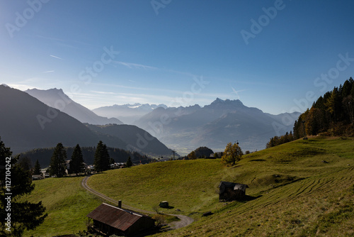 View of a Swiss mountain village in the Alps in Leysin photo