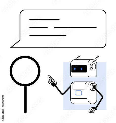 Friendly robot with antennae conveys a message via a speech bubble while a magnifying glass suggests investigation. Ideal for technology, AI, robotics, automation, communication, education