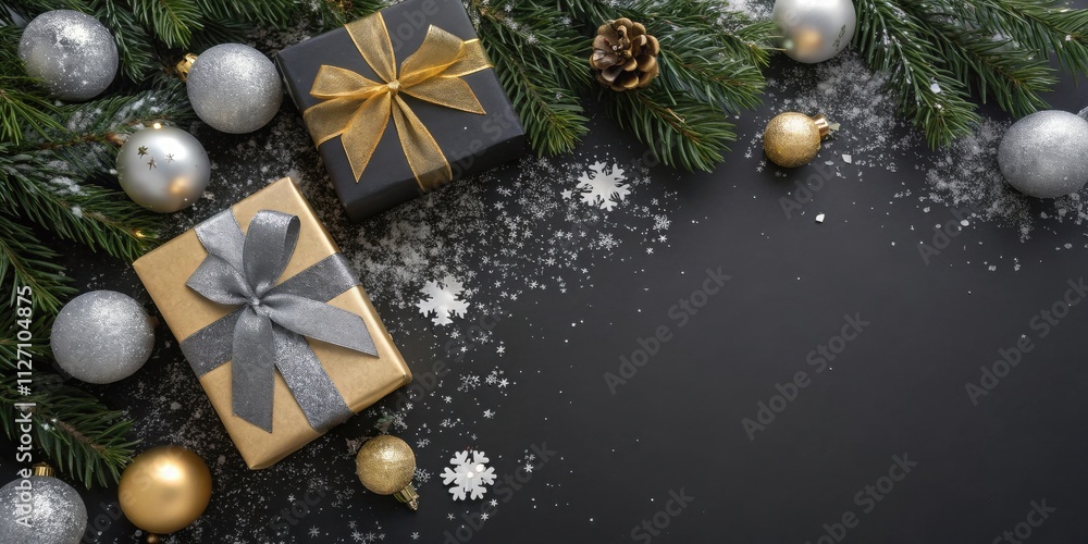 Festive Holiday Decor with Gifts, Ornaments, and Snowflakes on a Dark Background Festive Holiday Decor with Gifts, Ornaments, and Snowflakes on a Dark Background