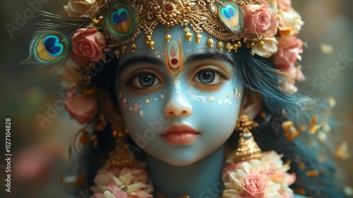 Adorable  Baby Krishna with Peacock Feather. Generative AI