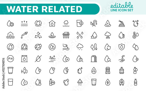 Water Related Icon Set. A refreshing collection of icons showcasing water conservation, aquatic life, and hydration, perfect for water awareness and sustainability. photo