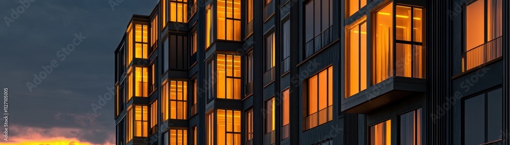 Illuminated Apartment Building at Dramatic Sunset Illuminated Apartment Building at Dramatic Sunset